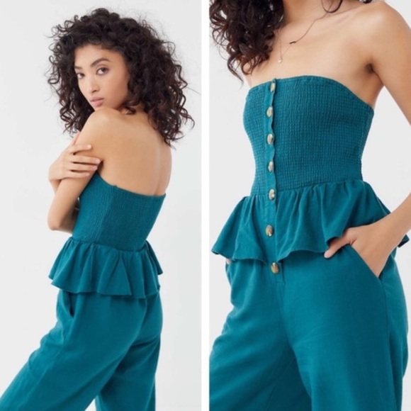 Urban Outfitters Green Strapless Ruffle Linen Jumpsuit A-22 - Picture 2 of 13